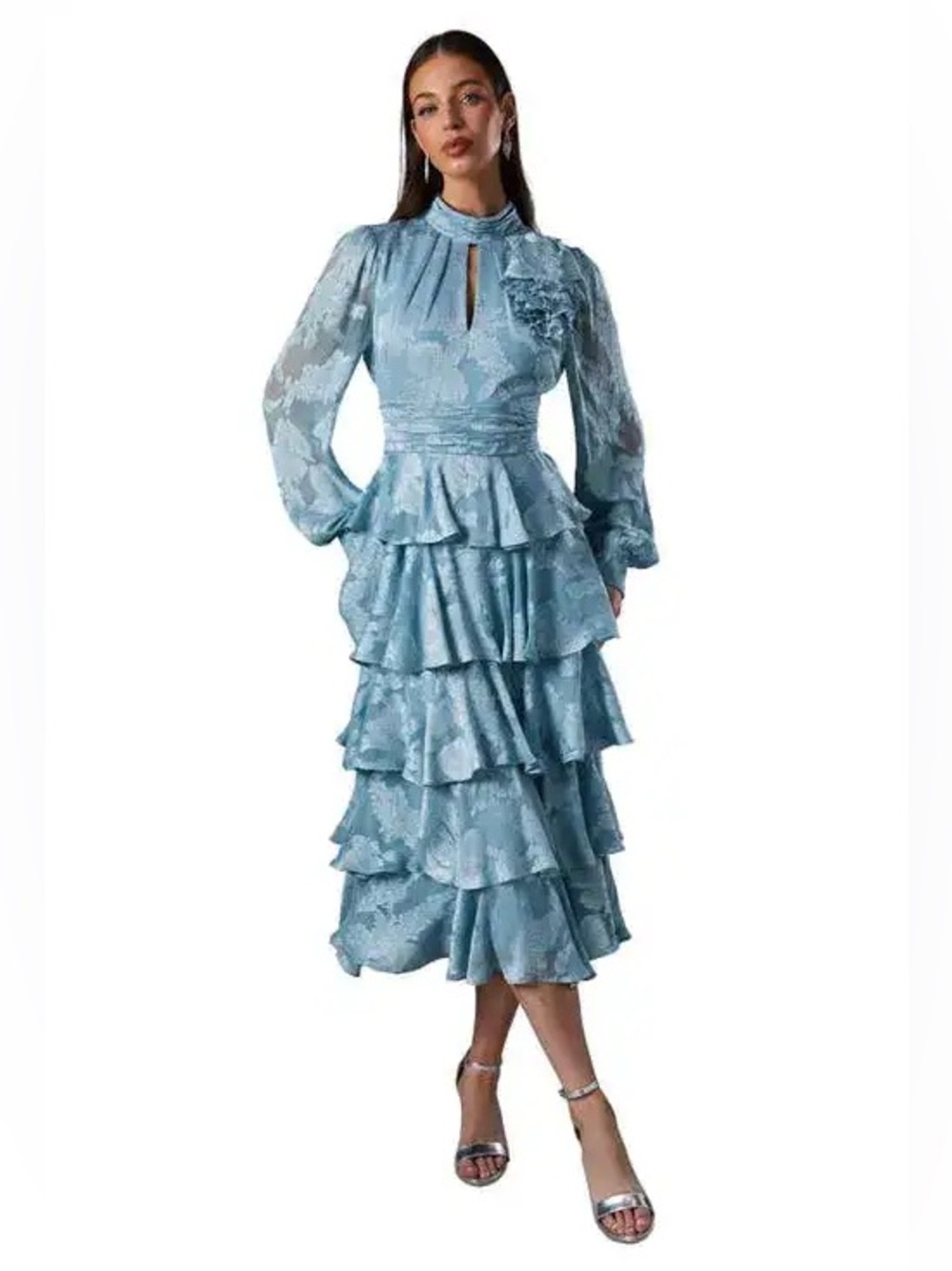 COAST Tiered Maxi Dress Blue Ruffle Long Sleeve Modest Feminine US 6